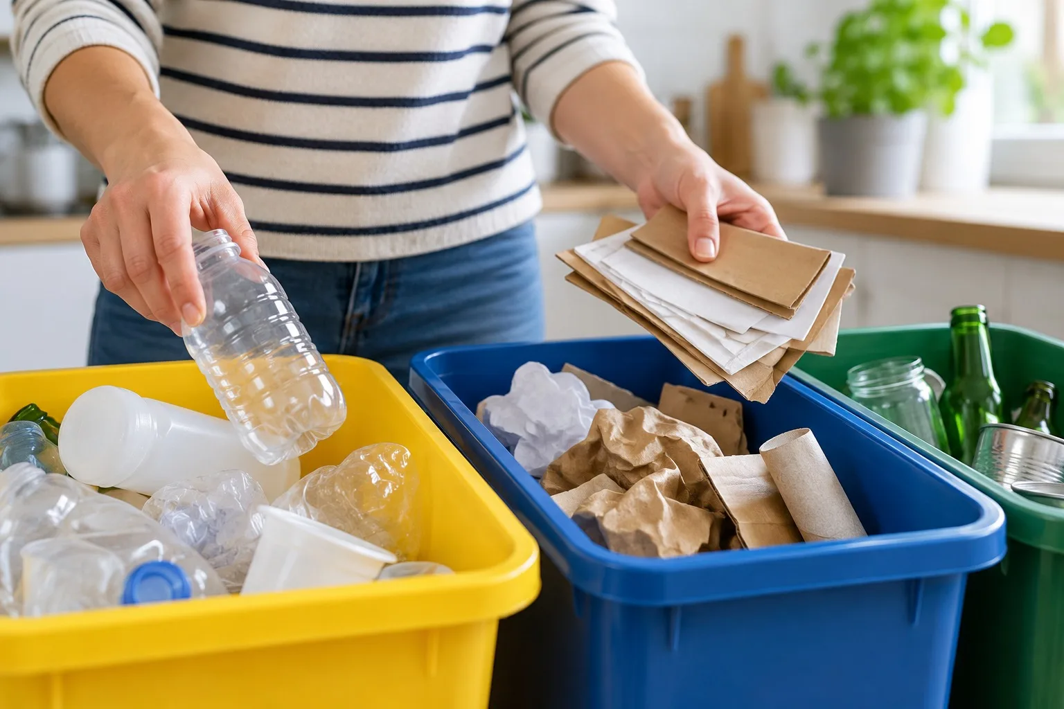 Hände sortieren neutrale Verpackungen und Papier in verschiedene Sammelbehälter